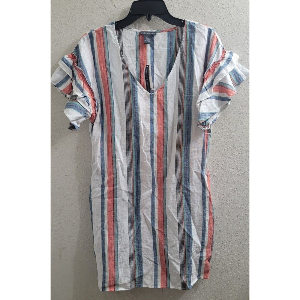 Chelsea & Theodore Striped Linen Blend Dress Ruffled Sleeve Size Small NWT